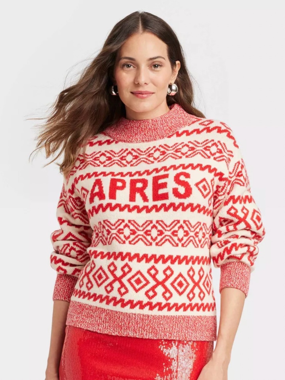 NWT A NEW DAY APRES Red and White Crewneck Sweater Ski Snow Winter Size Large